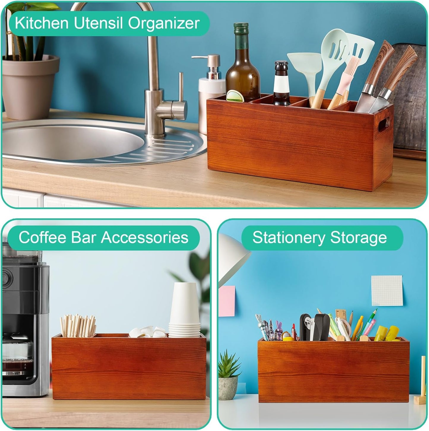 ALELION Large Utensil Holder with Removable Divider - 4 Compartment Wooden Utensil Caddy Organizer for Kitchen Counter - Brown Cooking Utensil Crock for Countertop