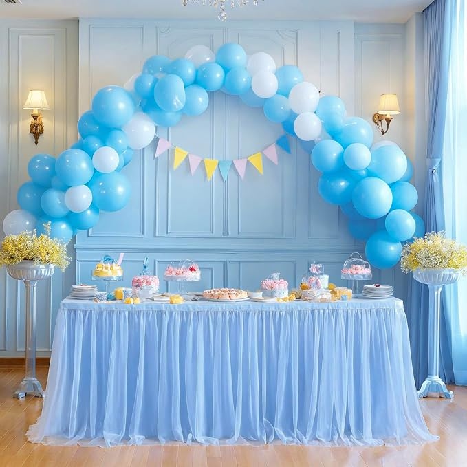 72in Baby Blue Tulle Table Skirts for Rectangle Tables 6/4ft, 2-Layer Gold Grim Ruffle Tulle Tutu Blue Cloth Table Skirt 6ft Decor Boy Birthday Party Baby Shower Cake Dessert Tables(No Table Cover) - Image 8