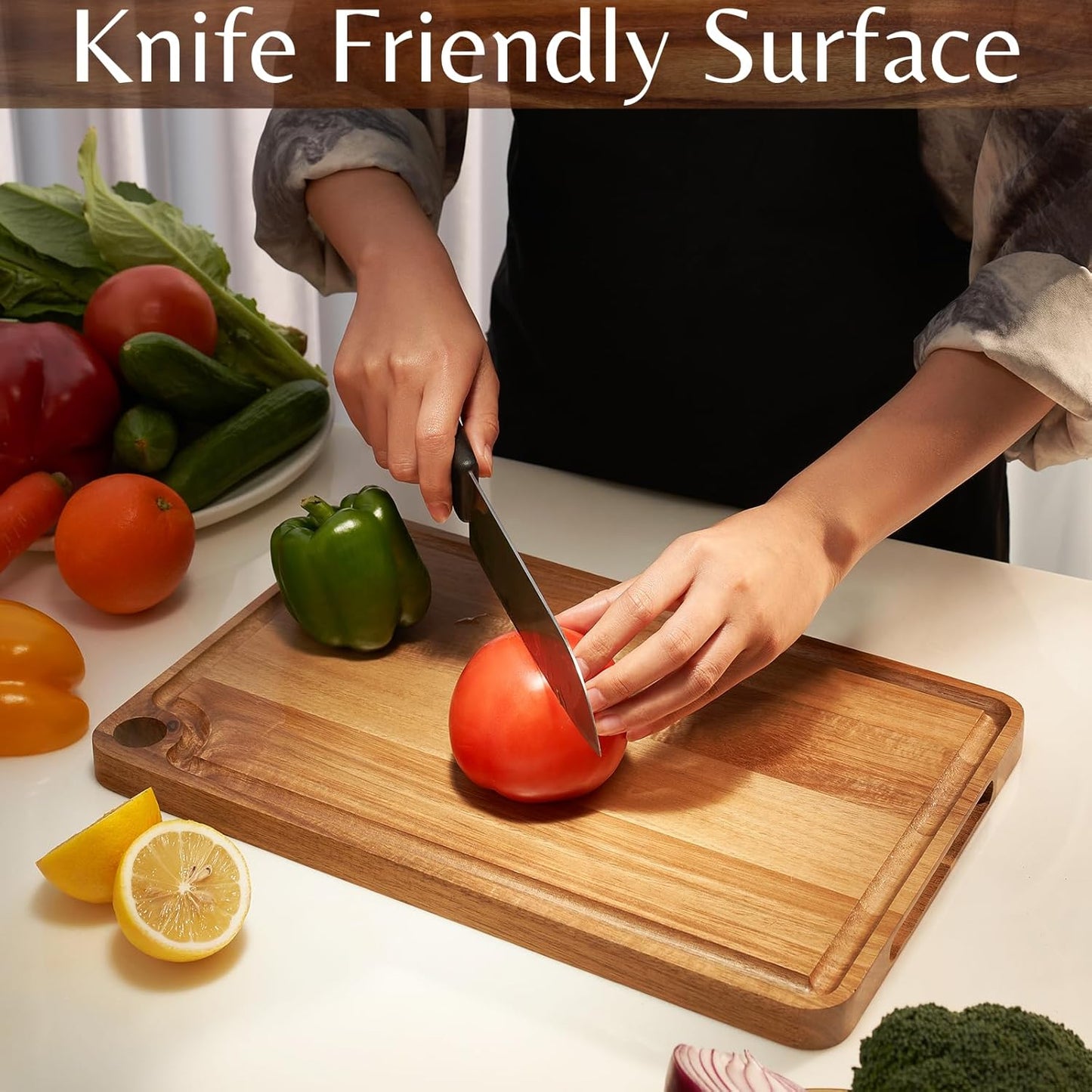 Acacia Wood Cutting Board (15x10x0.8 In.) - Solid Organic Wooden Meat Boards for Kitchen, Real Hardwood Chopping Butcher Block with Deep Juice Groove Well for Counter