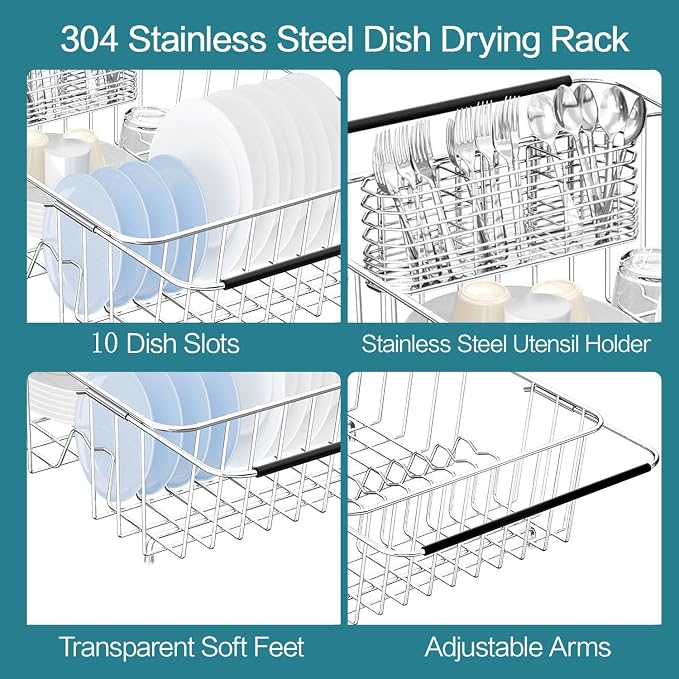 Large Dish Drying Rack in Sink Expandable, Adjustable304 Stainless Steel Metal Dish DrainerRack Organizer with Stainless Steel Utensil Holder Over Inside Sink Counter, Rustproof - Image 7
