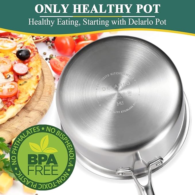 DELARLO Tri-Ply Whole-Clad Stainless Saucepan 3.8 Quart Steamer Set - Image 7