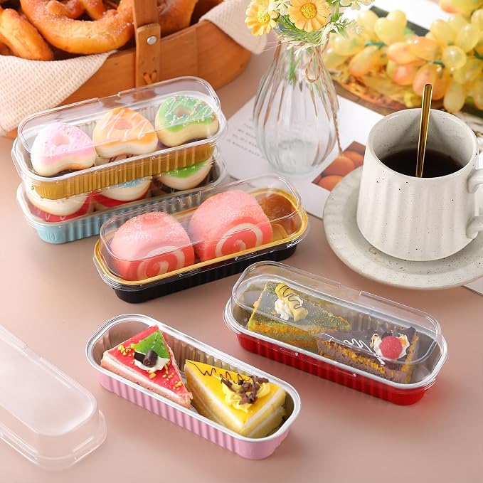 Qunclay 300 Pcs Mini Loaf Pans with Lids 6.8 oz Aluminum Foil Mini Cake Pans with Lids Rectangle Loaf Baking Cups Disposable Cake Containers for Muffin Ramekins Large Gatherings Parties(Multicolor) - Image 6