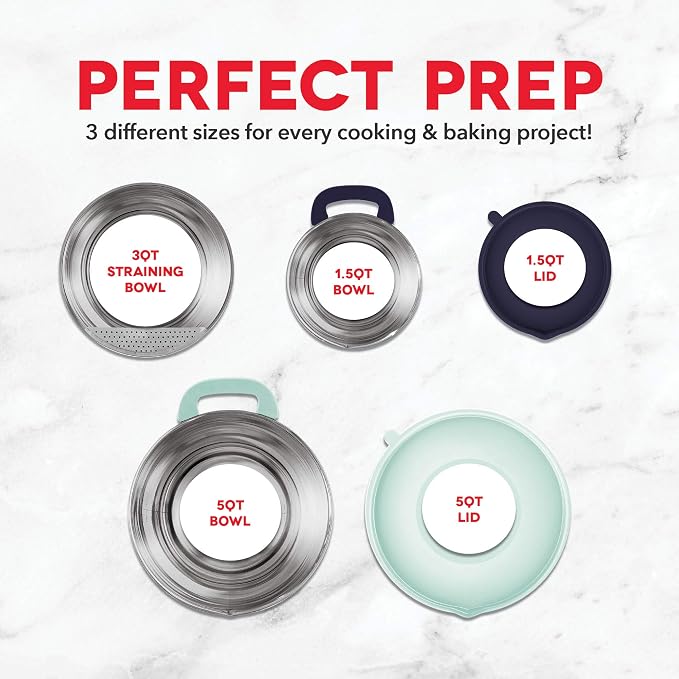 DASH Stainless Steel Mixing Bowls with Lids, Silicone Non-Slip Base with Measuring Lines and Strainer, 3 Bowl Set - 1.5 Quart, 3 Quart, & 5 Quart - Assorted Blue - Image 5