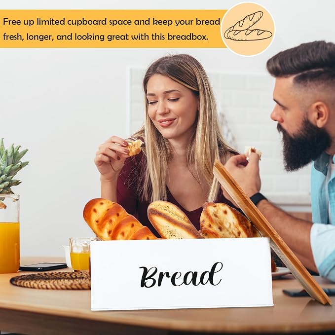 Hushee Metal Bread Box Butter Dish with Bamboo Cutting Board, White | Butter Tray with Spreader Knife, Bread Box Bamboo Board Top, Storage Organizer for Kitchen Countertop Decor Keeps Fresh - Image 6