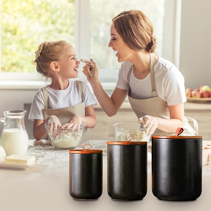 JOJUNO Black Ceramic Canister 3 Piece with Airtight Bamboo Lid - Image 8