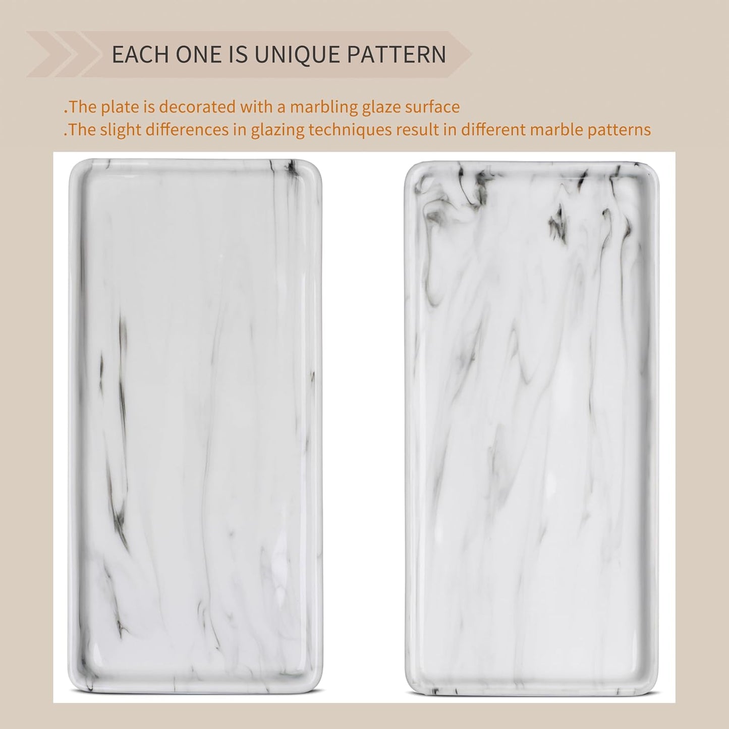 Gurygo 10" Bathroom Tray for Counter, Ceramic Vanity Trays for Bathroom, Small Rectangle Ceramic Trays, Kitchen Soap Ceramic Tray for Kitchen Counter, (Marble White, Set/1)