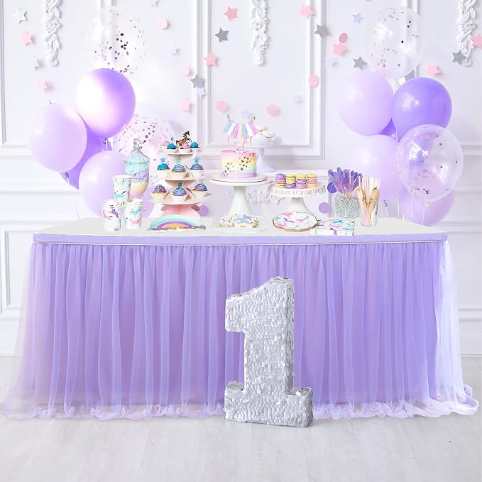 108in Lavender Tulle Table Skirts for Rectangle Tables 6/8/4ft, 2-Layer Gold Grim Lilac Purple Ruffle Tulle Tutu Cloth Table Skirt 9ft for Mermaid Birthday Party Baby Shower Dessert(No Table Cover) - Image 7