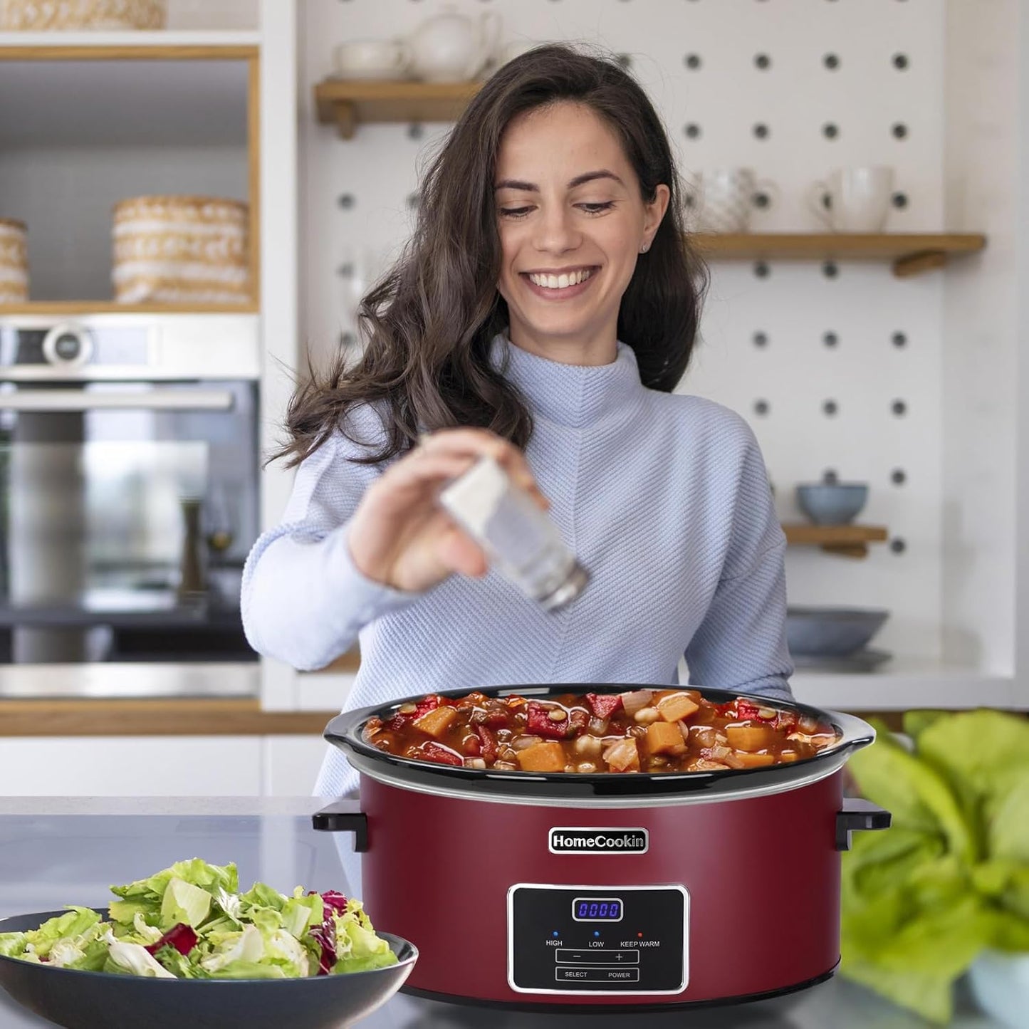 HOMECOOKIN 7 Quart Programmable Slow Cooker, Kitchen Appliances, Perfect Kitchen Small Appliance for Family Dinners, Red Stainless Steel