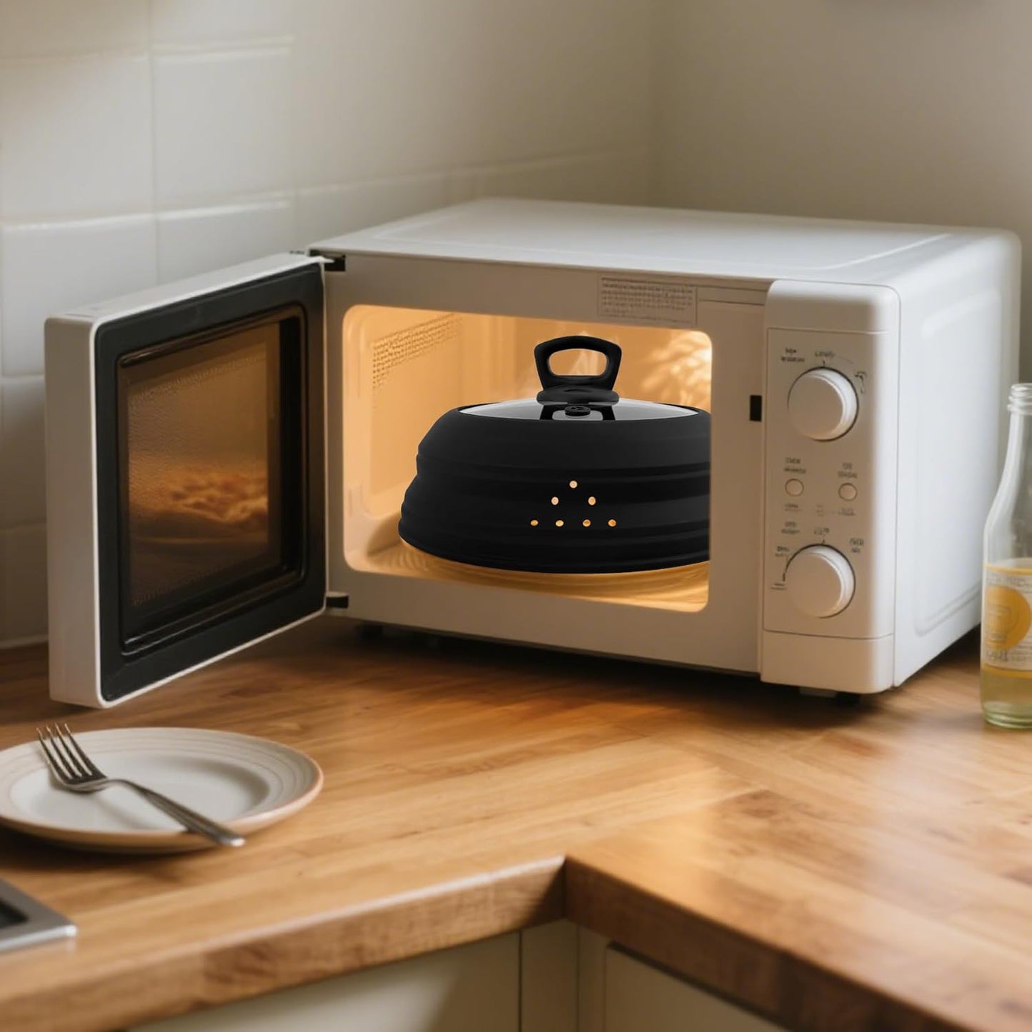 Microwave Splatter Cover Collapsible Silicone & Tempered Glass 11.8 Inch Microwave Cover for Food Splatter Guard with Steam Vents Dishwasher Safe Fits Bowls, Plates & Pots (Black)