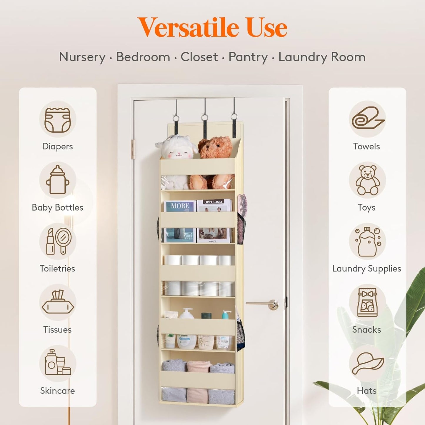 Lifewit 1 Pack Over the Door Organizer, 5 Shelf Clear Window Hanging Storage with 4 Mesh Side Pockets, Anti Tilt 40 lbs Load Behind Door for Pantry, Nursery, Bathroom, Bedroom, Kitchen, Dorm, Beige