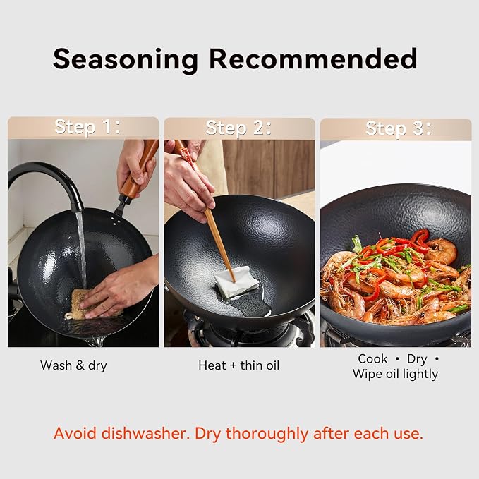 WANGYUANJI Carbon Steel Wok Pan 11 Inch - Round Bottom Traditional Pow Wok (Requires Gas Stove & Wok Ring) - No Coating Hand Hammered Stir Fry Pan with Lid & Detachable Handle - Image 8