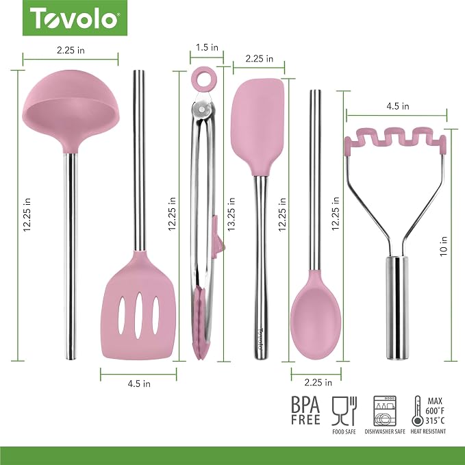 Tovolo Silicone Cooking Utensil Set of 6 Pink Sorbet Ladle Slotted Turner Tongs Flex Core Spatula Scraper Mixing Spoon and Potato Masher, Dishwasher Safe BPA Free Silicone Kitchen Utensils - Image 6