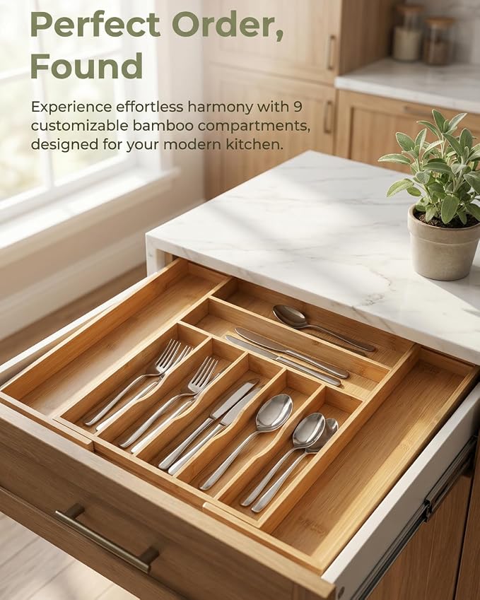 Expandable Bamboo Silverware Drawer Organizer, 5-7 Compartments - Image 7