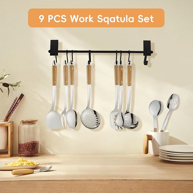 9pcs Cooking Utensils Set 304 Stainless Steel Kitchen Utensils with Wooden Hanlde Metal Kitchen Utensils Soup Ladle Set Dishwasher Safe Kitchen Essentials Set Kitchen Tool Set, Dishwasher Safe - Image 7