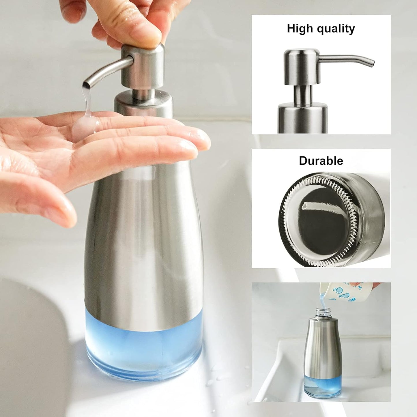Dish Soap Dispenser with Stickers, Brushed Nickel Stainless Steel and Glass Combined, Refillable Liquid Hand Soap Dispenser for Bathroom & Kitchen (11OZ / 320ML)