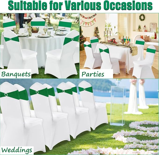 Emerald Green Chair Sashes 25 Pack Spandex Dark Green Sashes for Chairs Covers Universal Stretch Chair Sashes Band with Heart Buckle Slider for Wedding Banquet Party Decorations - Image 7