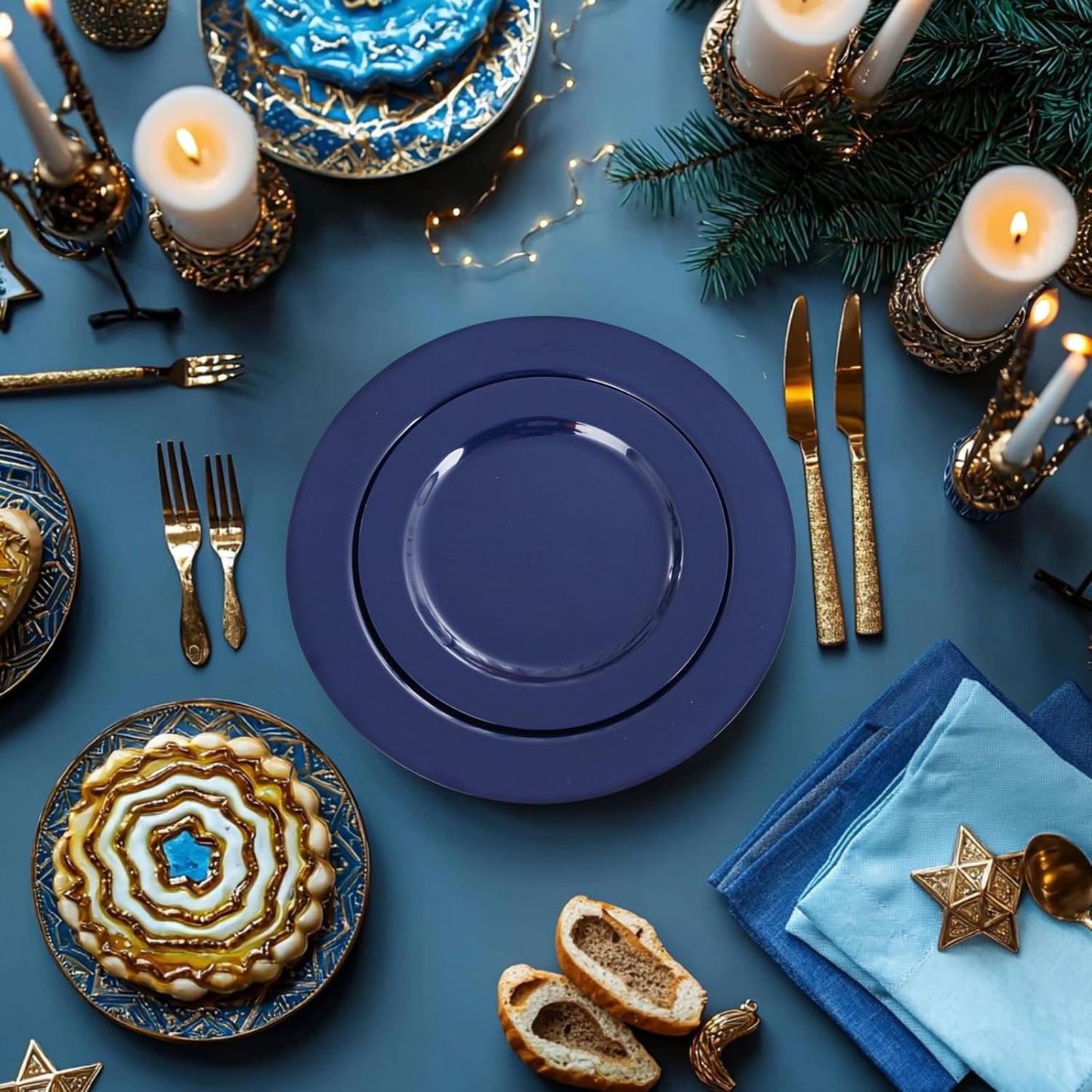 FLOWERCAT 60PCS Blue Plastic Plates - Heavy Duty Blue Plates Disposable (10.25" & 7.5") - serve for 30guest Birthday Party/Wedding/Father's Day/Memorial Day/Graduation