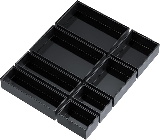 Bamboo Drawer Organizer, 8-Piece Set, Black | 8 Stackable Multi-Size Organizer Boxes for Kitchen, Bathroom, Vanity, Makeup, Office & Junk Drawers - Image 8