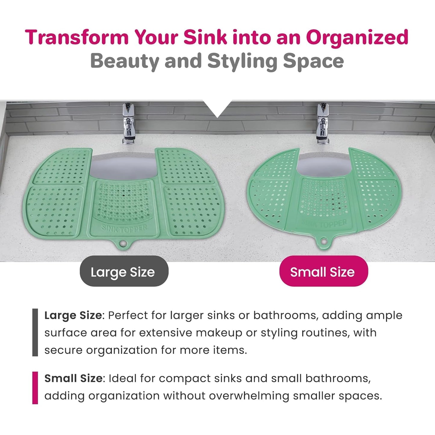Sink Topper Bathroom Counter Cover & Storage Saver, Foldable Silicone Mat for Hot Tools, Hair Styling & Makeup, Beauty Brush Cleaning Mat, RV Camper Sink Cover & for Small Spaces (Large Green)