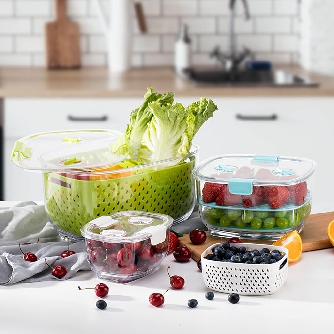 LUXEAR Fresh Produce Vegetable Fruit Storage Containers 3Piece Set, BPA-free Fridge Storage Container, Partitioned Salad Container, Fridge Organizers, Used in Storing Fruits Vegetables, Green - Image 8