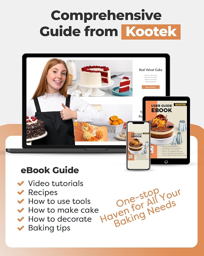 Kootek 51 Aluminum Cake Decorating Kit, Baking Supplies for Beginner & Pros | Startar Kit, Easy to Clean, Smooth Rotating, Cake Stand Turntable for Decorating Display Baking, Piping Bags and Tips Set - Image 7