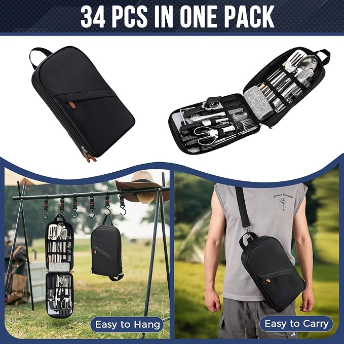 THTYBROS Portable Camping Kitchen Utensil 34 Pcs Set- Cookware Kit, Stainless Steel Outdoor Cooking and Grilling Utensil Organizer Travel Set Perfect for Travel, Picnics, RVs, Camping, BBQs, Parties - Image 7