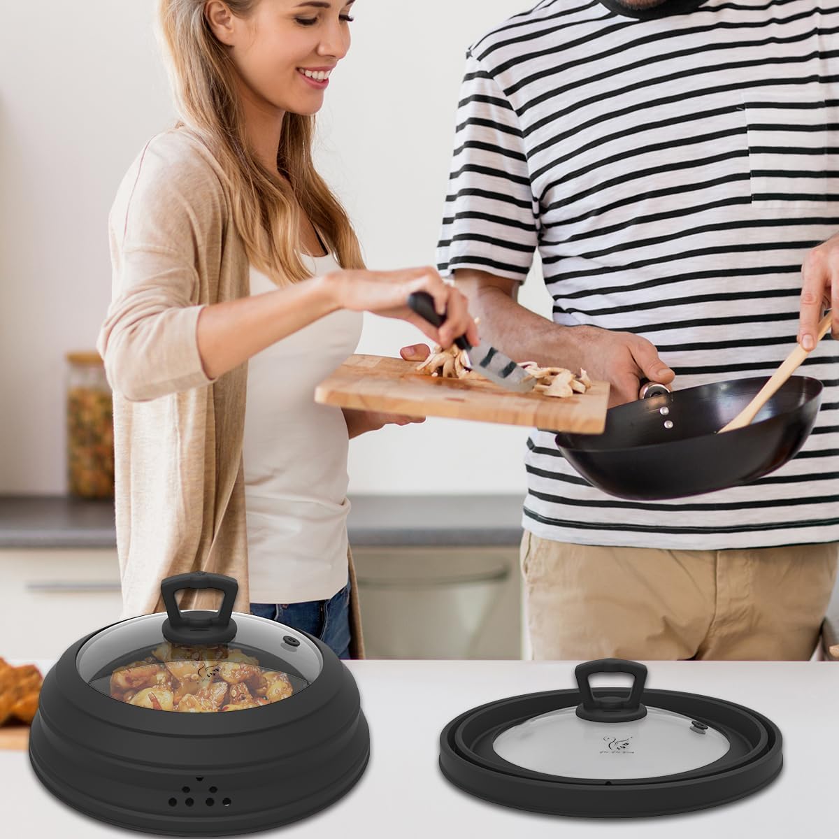 Microwave Splatter Cover Vented Glass Splatter Guard Lid with Collapsible Silicone for Food as Pot Covers 11.8 inch Large 2 Pack