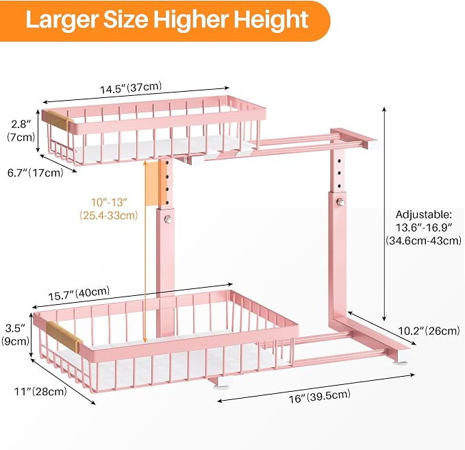 PXRACK Under Sink Organizer, Adjustable Height, 2 Tier Pull Out Under Cabinet Organizer, Slide Out Thickened Metal Under Sink Storage for Kitchen Bathroom Laundry Pantry Cabinet, Pink, Large-1-Pack - Image 8