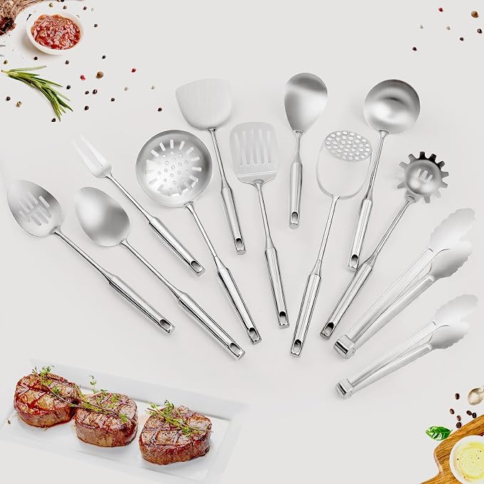 304 Stainless Steel Cooking Utensils Set, 12 Pcs Long Stainless Steel Kitchen Utensils Set, Metal Cooking Utensils Set with Potato Masher, Spoon, Ladle, Skimmer, Pasta Server etc(Dishwasher Safe) - Image 8