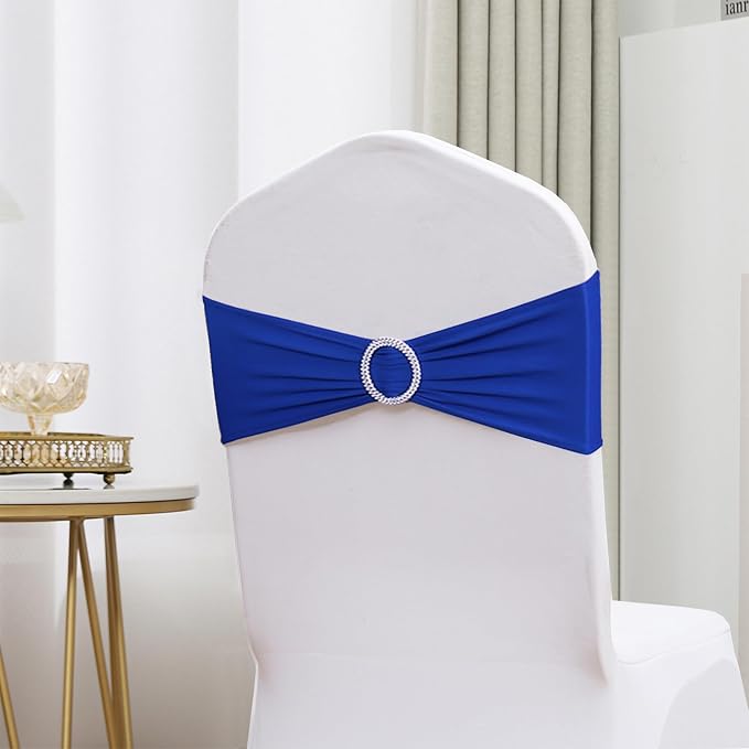 Spandex Royal Blue Chair Sashes 100 Pack Wedding Chair Bands with Buckles Dark Blue Chairs Bows for Party Birthday Bridal Baby Shower Engagement Anniversary Banquet Events Decorations - Image 9