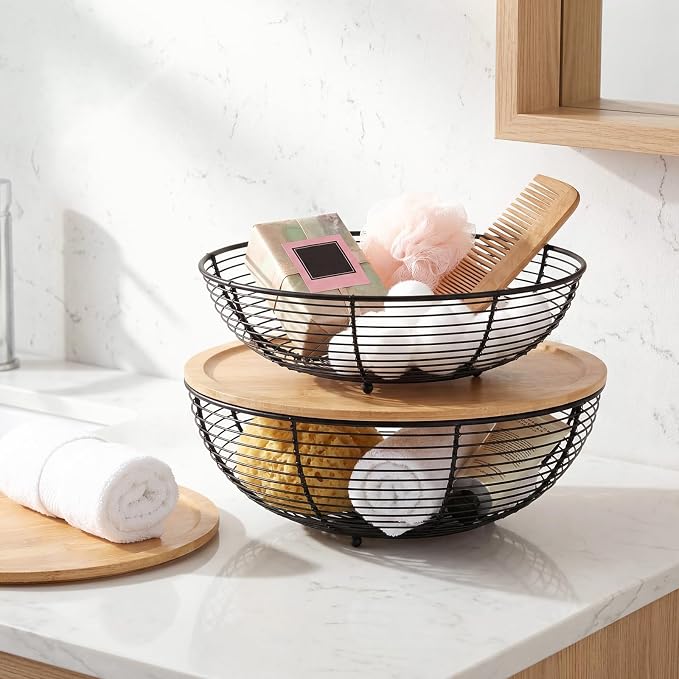 2 Set Stackable Fruit Basket with Bamboo Lid 11.5 &10.5 Inch Black Metal Wire Large Fruit Bowl for Kitchen Counter Pantry Organizer and Storage for Veggie, Snacks - Image 6
