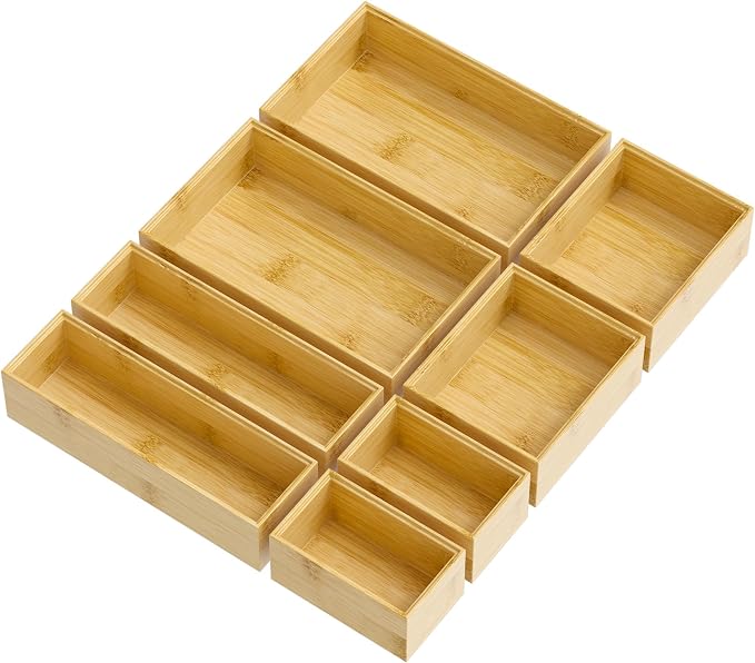 Bamboo Drawer Organizer Boxes, 8-Piece Set for Kitchen & Bathroom | 8 Stackable Multi-Size Organizer Boxes for Kitchen, Bathroom, Vanity, Makeup, Office & Junk Drawers - Image 8