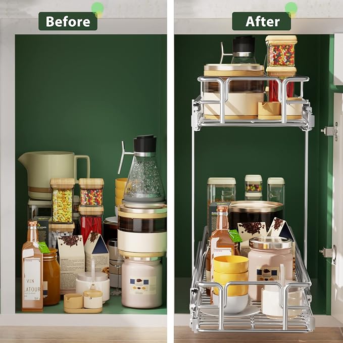 LOVMOR 2 Tier Individual Pull Out Cabinet Organizer 7.5" W x 21.5" D, Slide Out Kitchen Cabinet Storage Sliding Shelves - Image 7