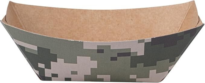 Restaurantware-Bio Tek 2 Ounce Food Trays, 50 Disposable Paper Food Trays - Heavy-Duty, Greaseproof, Camouflage Paper Food Boats, for Snacks, Appetizers, Or Treats, Use At Parties Or Carnivals - Image 7
