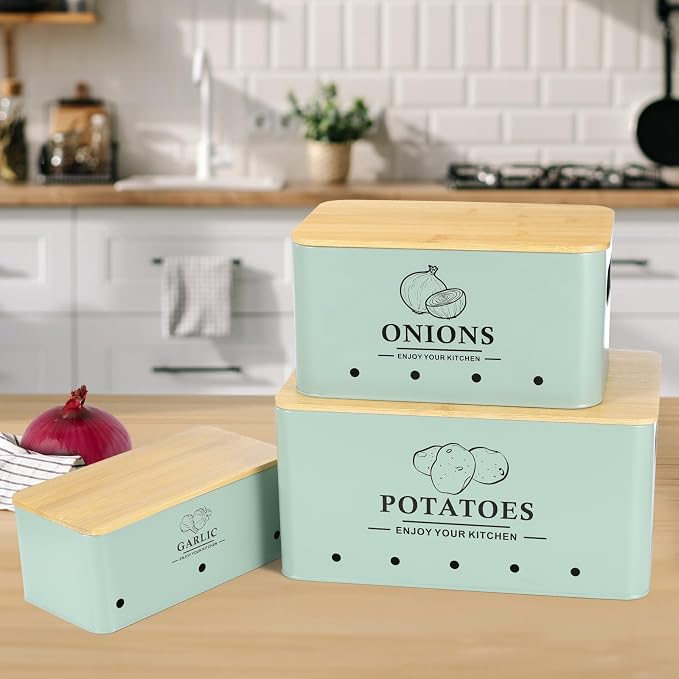 Kitchen Vegetable Storage Set of 3, Metal Onion Garlic Potato Storage Set, Kitchen Canisters Vegetable Keeper Containers with Aerating Holes and Bamboo Lid,Sage Green - Image 7