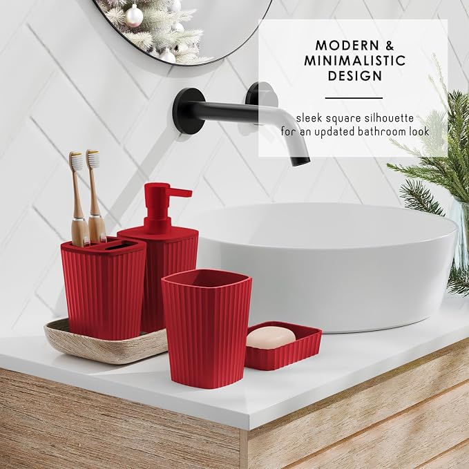 Clara Clark Christmas Bathroom Accessory Set - 22PC, Complete Set + Bath Rugs, Modern, Red & White, Polyester - Image 9
