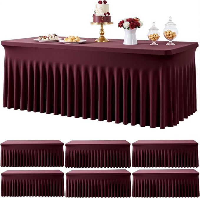 Spandex Tablecloth 6FT Rectangle Table Cover 6 Pcs Burgundy Wrinkle-Free - Image 8