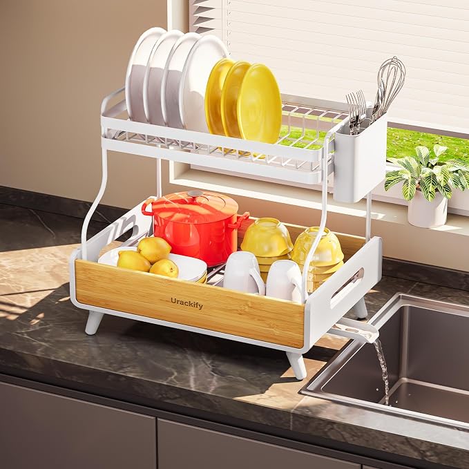 Urackify 2-Tier Stainless Steel&Bamboo Dish Rack for Kitchen Counter,White - Image 8