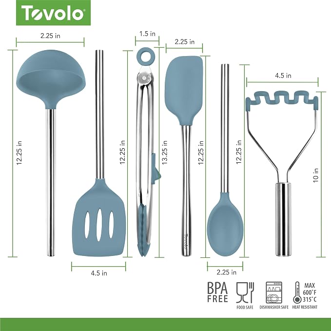 Tovolo Silicone Cooking Utensil Set of 6 Blue Slate Ladle Slotted Turner Tongs Flex Core Spatula Scraper Mixing Spoon and Potato Masher, Dishwasher Safe BPA Free Silicone Kitchen Utensils - Image 6