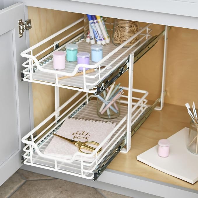 Household Essentials White Powder-Coated Steel Dual-Tier Slide Organizer with Plastic Accents - Image 11