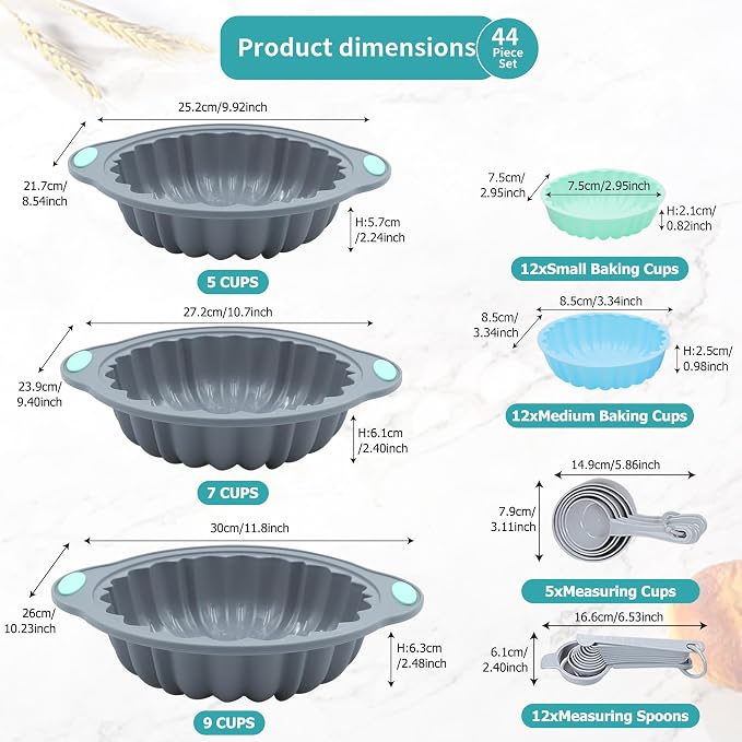 To encounter 44 Pieces Silicone Round Cake Pans Set, 3 Sizes Silicone Fluted Cake Pan Set with Reusable Baking Cups, Food Grade Baking Molds for Brownie, Bread, Muffin, Light Grey - Image 6