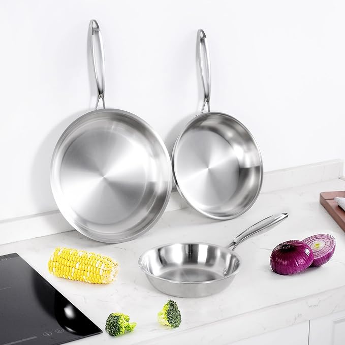 SuperCook 2 Pieces Tri-Ply Clad Stainless Steel Frying Pan, 8" and 10" Skillet Set, Steel Pans for Cooking, Sauté Pans Set, Non-Toxic, Multiclad, Induction Oven Compatible, Dishwasher Safe - Image 7