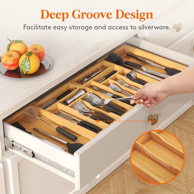 Lifewit Large Silverware Drawer Organizer, Bamboo Utensil Tray for Kitchen - Image 9