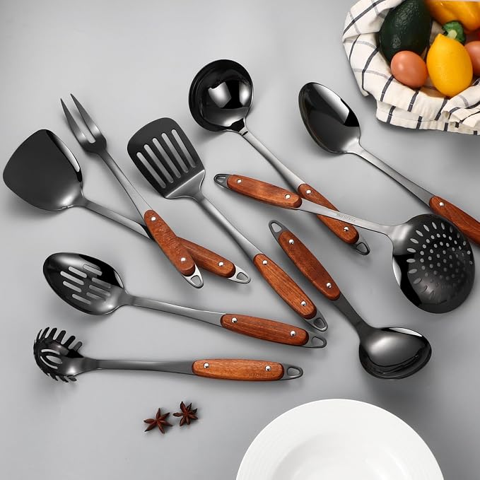 304 Stainless Steel Cooking Utensils Set,9PCS Metal Kitchen Utensils Set with Wooden Handle,Solid Spoon,Spatula,Ladle,Skimmer,Spaghetti Spoon,Dishwasher Safe(Black) - Image 8