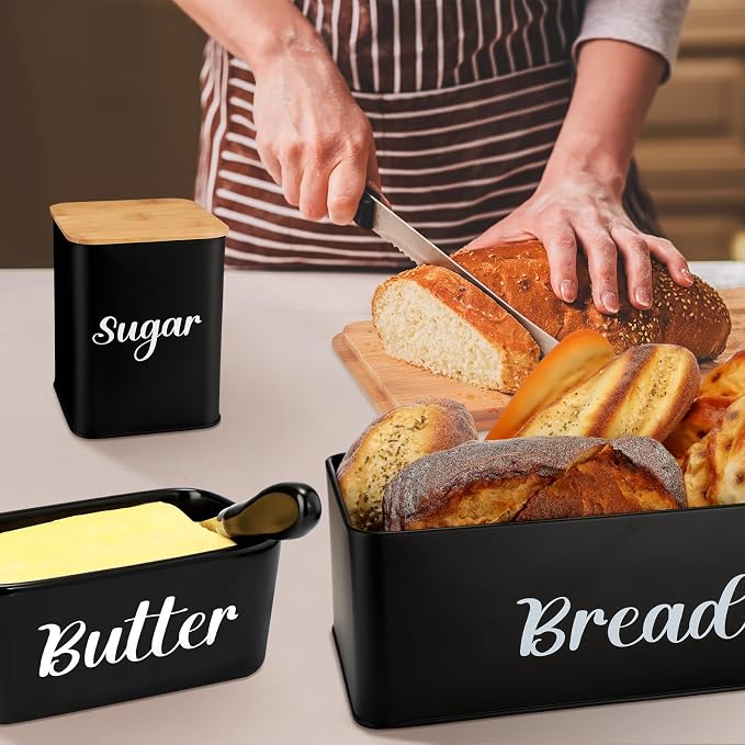 Domensi Metal Bread Box and Ceramic Butter Dish with 3 Airtight Kitchen Canisters Farmhouse Storage Canister Set for Kitchen with Bamboo Cutting Board Lid and Stainless Steel Butter Knife(Black) - Image 6