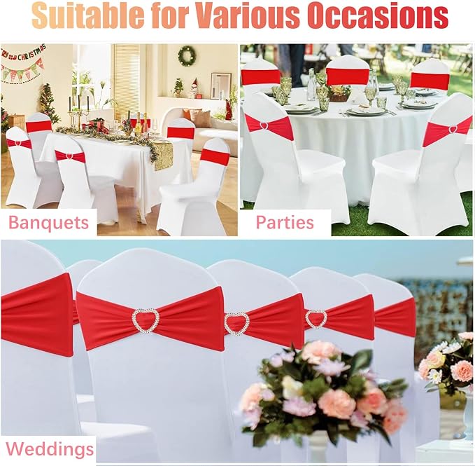 Red Chair Sashes for Wedding 100 Pack Spandex Red Sashes for Chairs Covers Stretch Chair Sahes Band with Heart Buckle Slider Universal Wedding Sashes Bows for Banquet Party Decorations - Image 7