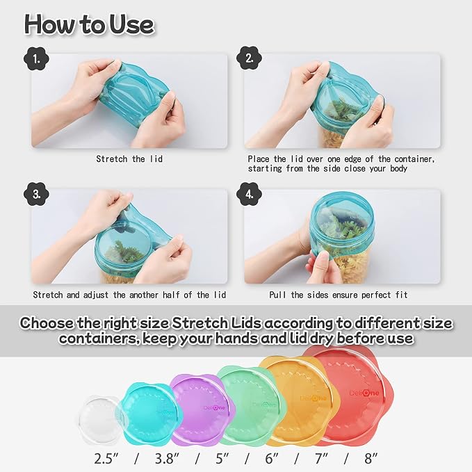 DeliOne Silicone Stretch Lids for Kitchen Food Storage – Durable,Reusable + Expandable Bowl Covers for Cup or Square Containers, Freezer, Microwave,and Dishwasher Safe,Mixing Size, 6-Pack, Color - Image 6
