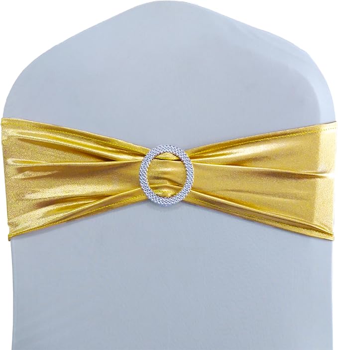 Wedding Spandex Metallic Gold Chair Sashes 100 Pack Chair Bands with Buckle Bronzing Gold Chairs Bows for Party Birthday Bridal Shower Engagement Anniversary Christmas Event Decorations - Image 9