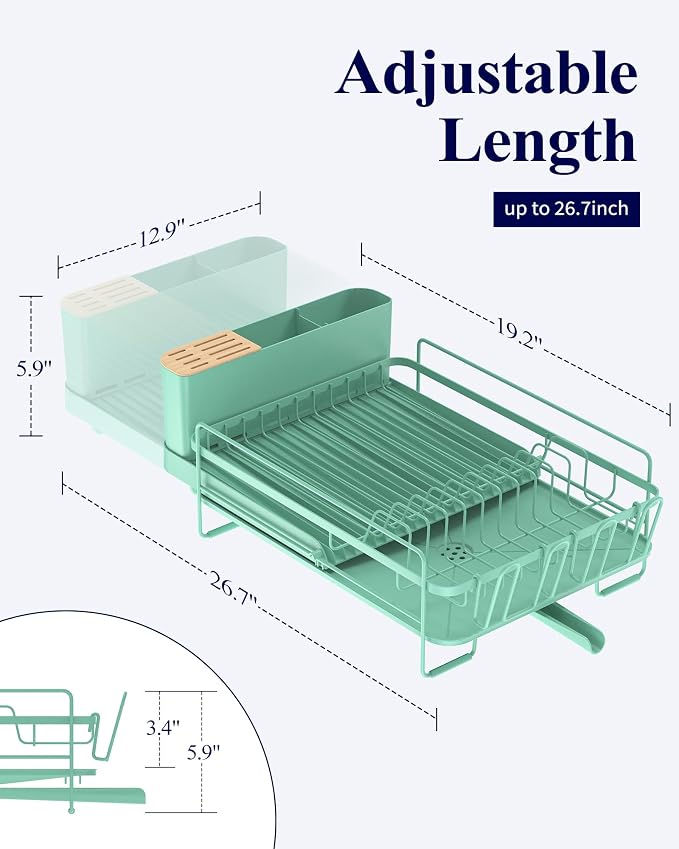 Kitsure Extendable Dish Drying Rack, 19.2"-26.7" L x 12.9" W, Green - Image 2