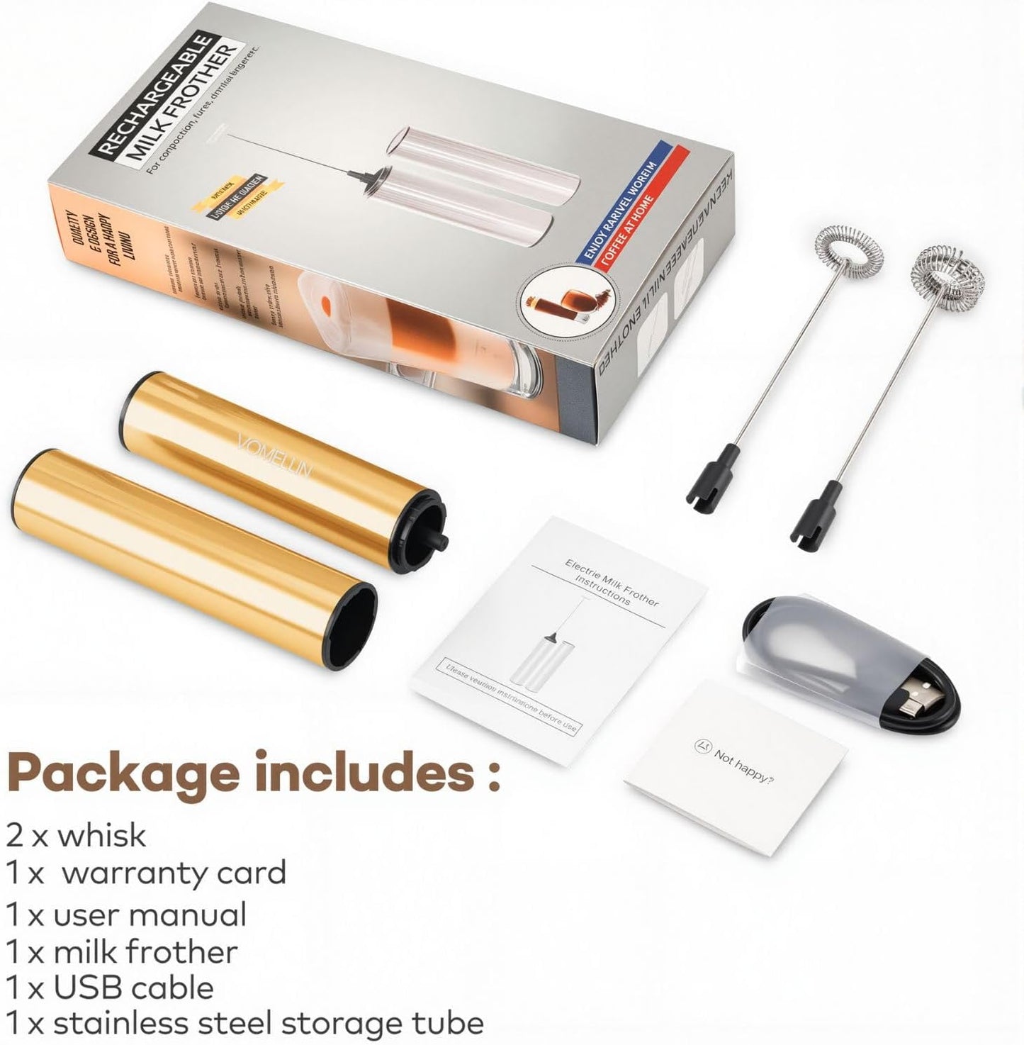 Rechargeable Electric Milk Frother Handheld,2-Speed Travel Frother with Tube Case, Milk Foamer Coffee Frother for Latte, Cappuccino, Drink Mixer with 2 Stainless Whisks and Charger Golden